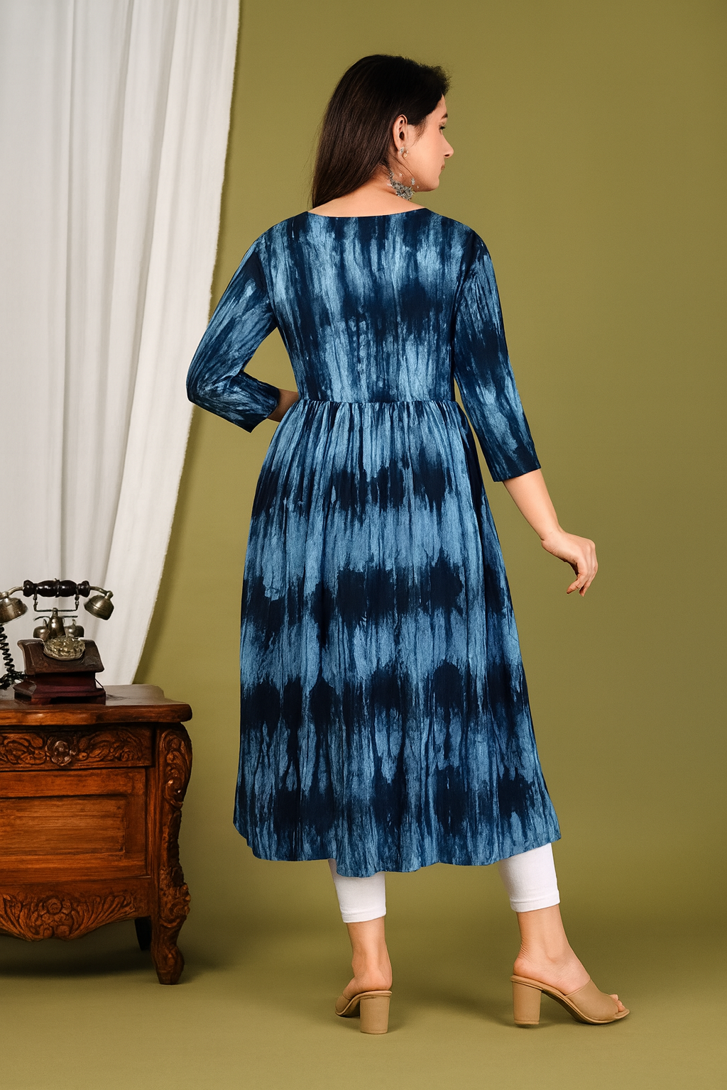 Blue Tie & Dye Rayon Anarkali Kurti – Flared, 3/4 Sleeve (S–9XL)