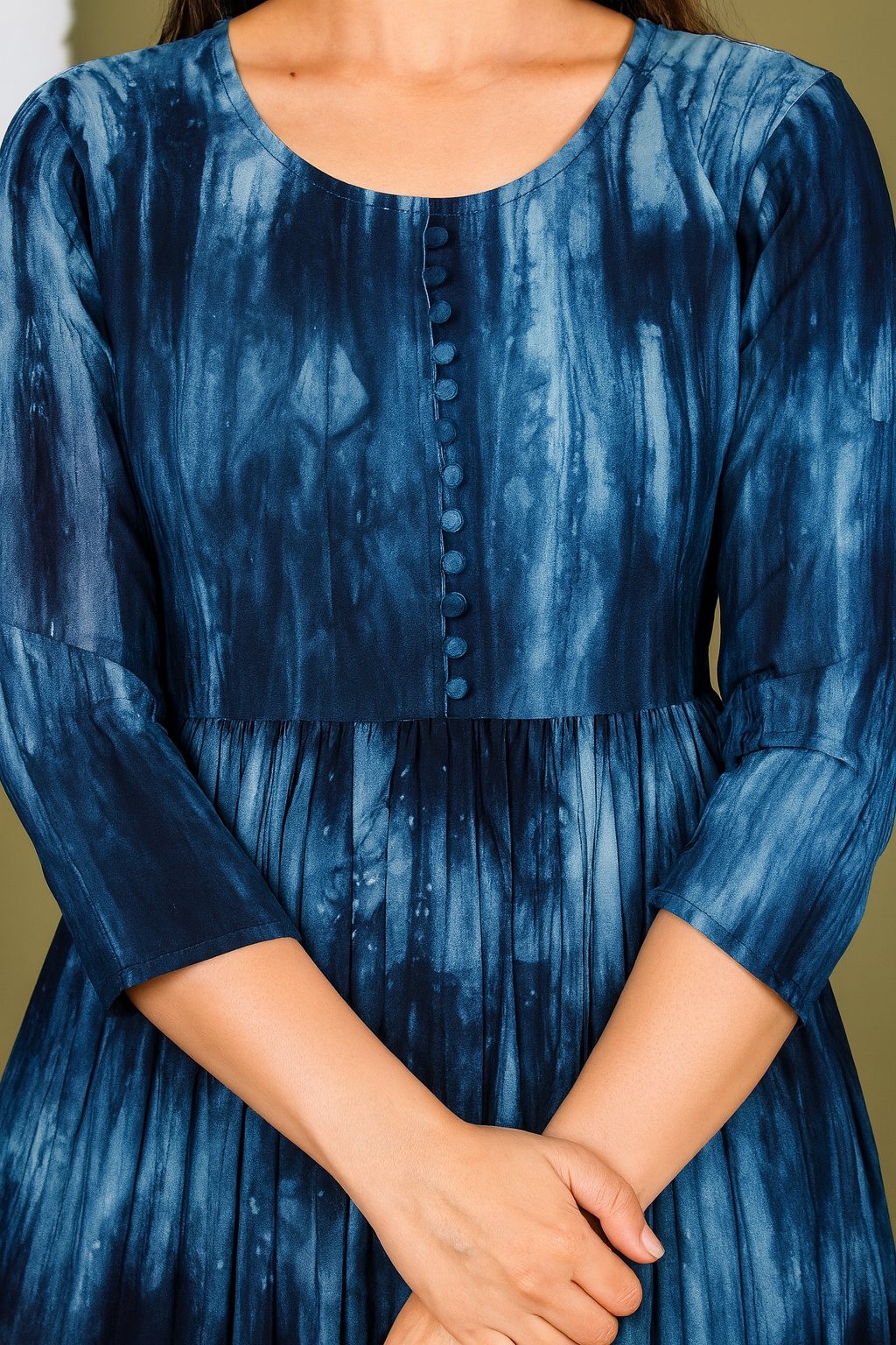 Blue Tie & Dye Rayon Anarkali Kurti – Flared, 3/4 Sleeve (S–9XL)