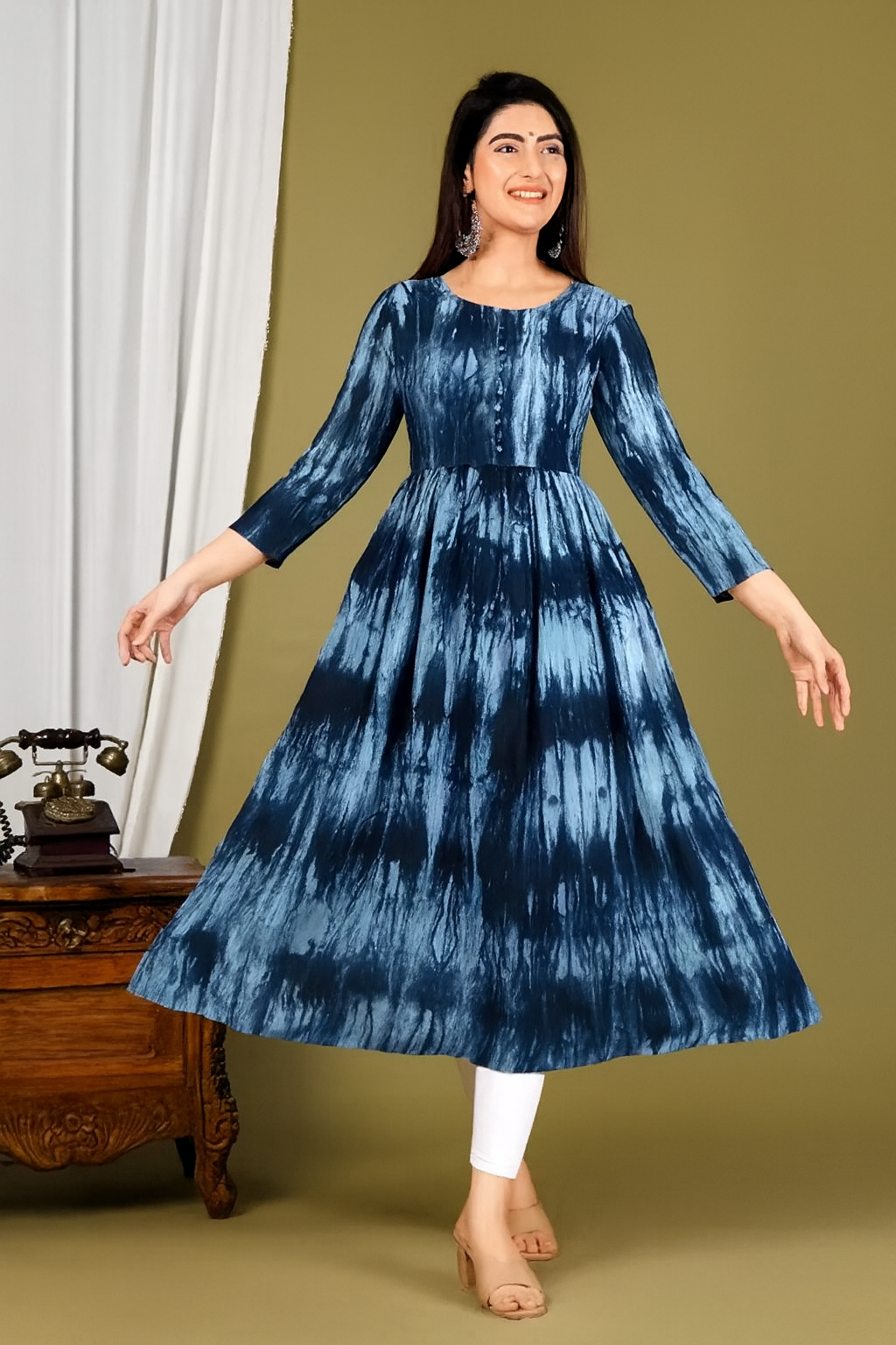Blue Tie & Dye Rayon Anarkali Kurti – Flared, 3/4 Sleeve (S–9XL)