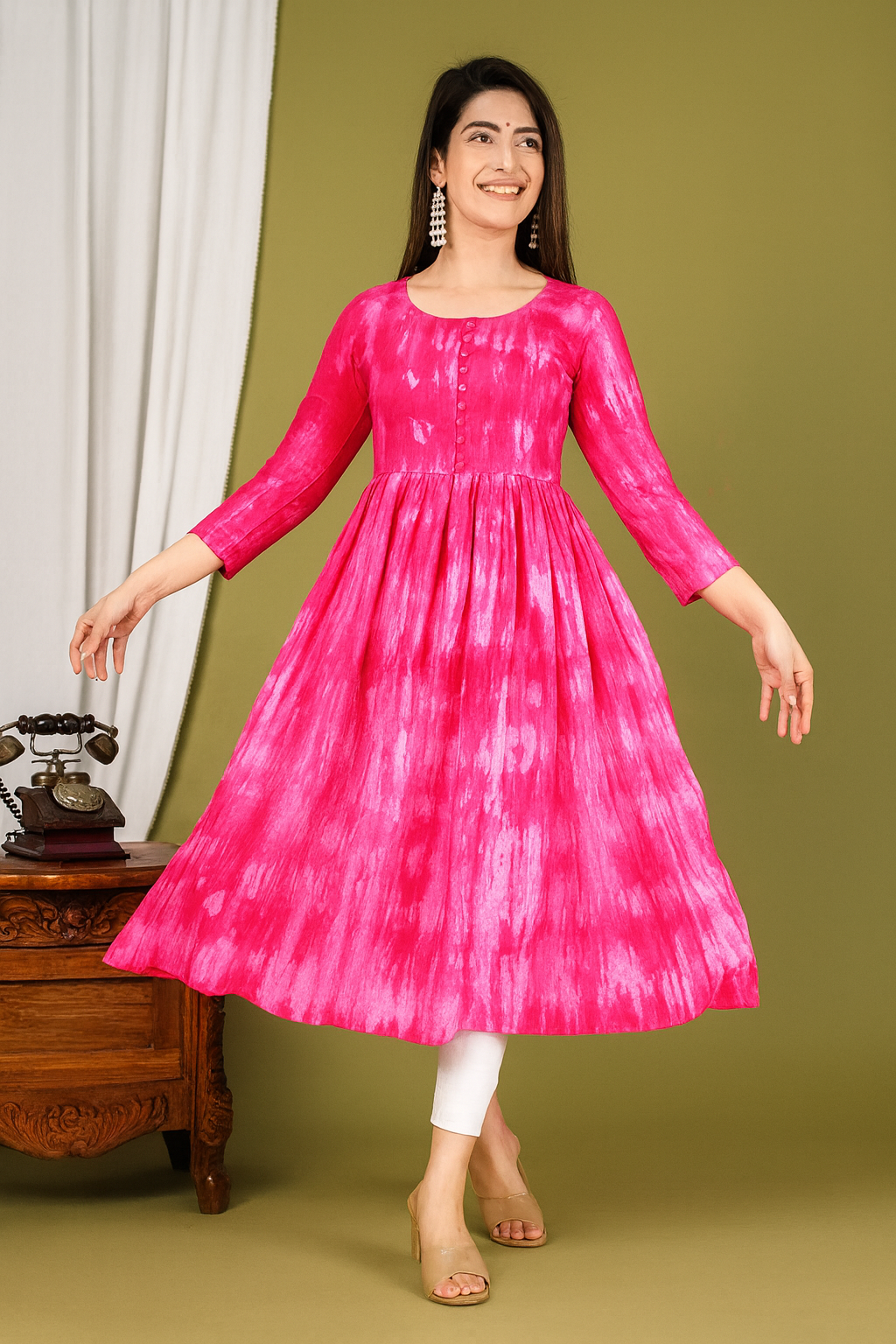 Blue Tie & Dye Rayon Anarkali Kurti – Flared, 3/4 Sleeve (S–9XL)