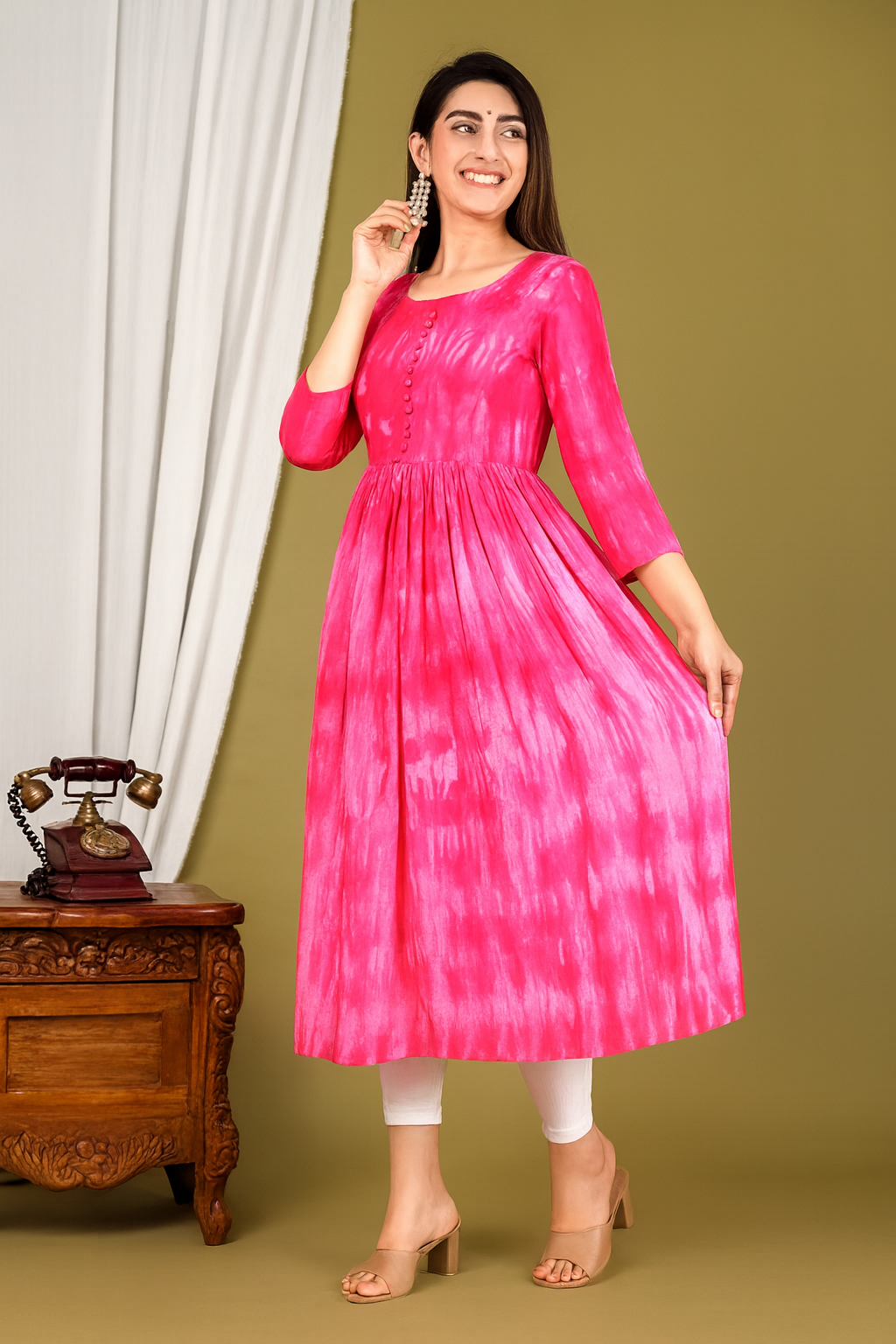 Blue Tie & Dye Rayon Anarkali Kurti – Flared, 3/4 Sleeve (S–9XL)